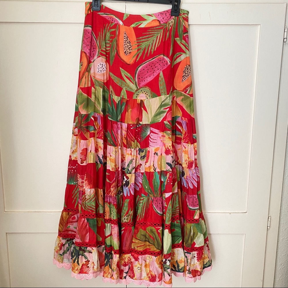 NWT Farm Rio Macaw Tropical Fruit Tiered Maxi Skirt Size Medium - Picture 2 of 8